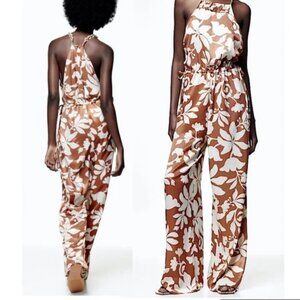 Zara NWT Brown White Floral Printed Jumpsuit Floral Satin With Neck Chains